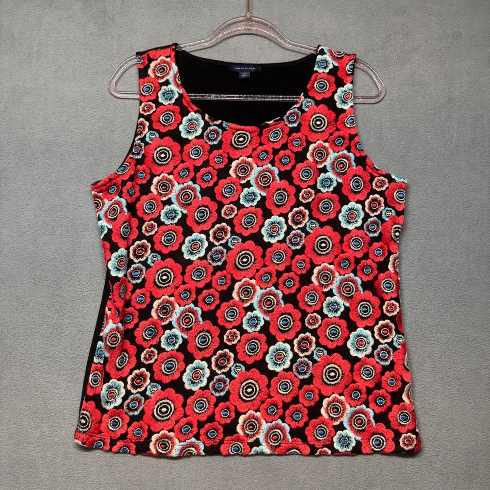 Tommy Hilfiger Floral Embroidered Tank Top Shell Large Black Red Sleeveless